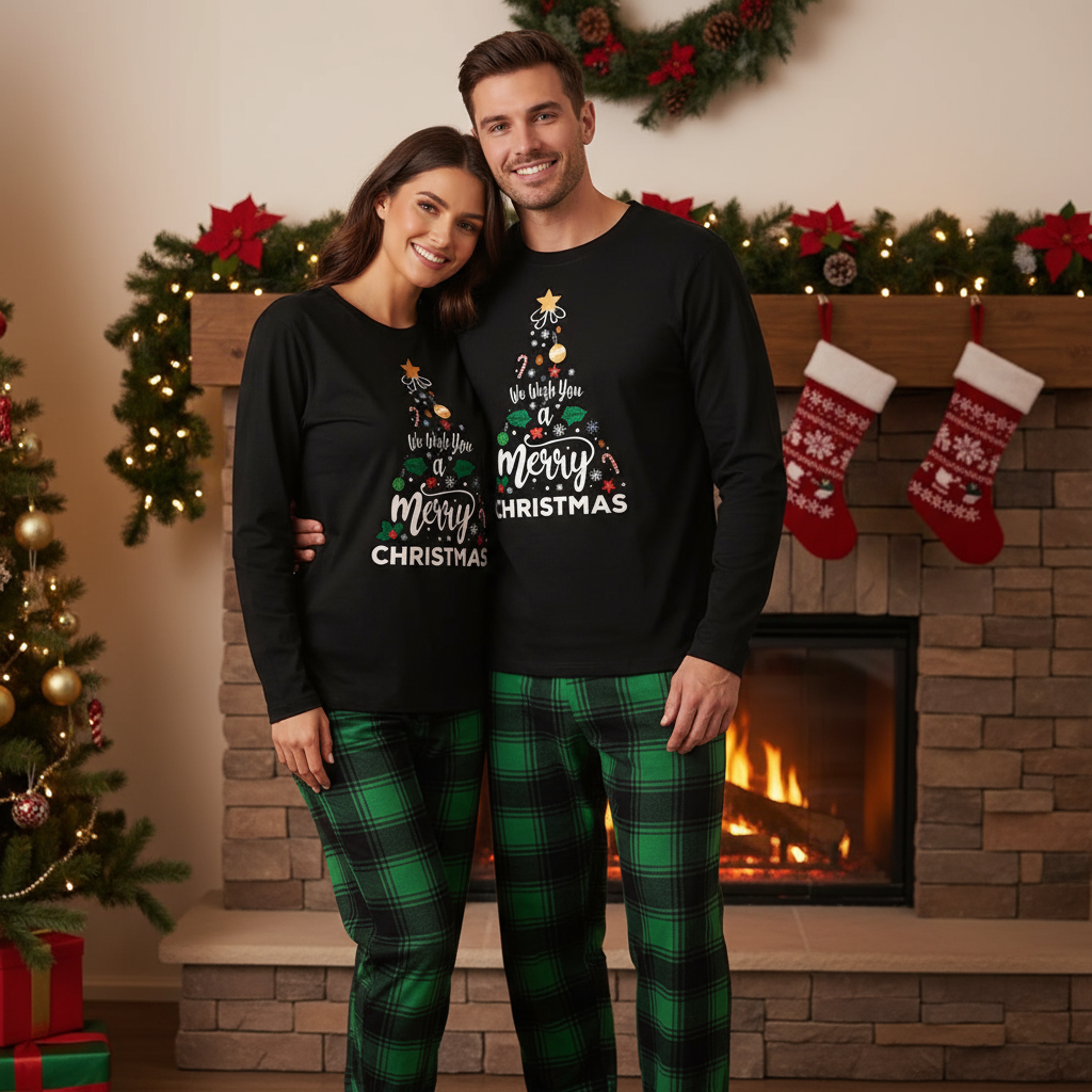 Chic und Stil | "We wish you a Merry Christmas" Printed Pattern Black Long Sleeve Top with Black and Green Checked Pants Pair Matching Pyjamas
