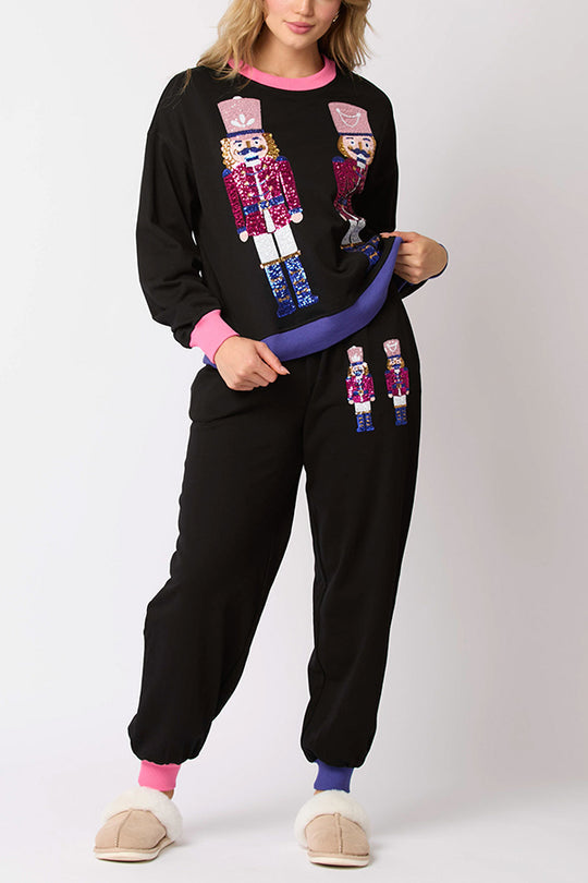 Chic und Stil | Santa Claus Sequin Casual Sweatshirt and Elastic Waist Loose Pocket Pants Set