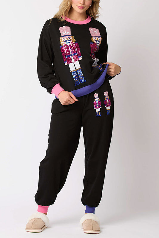 Chic und Stil | Santa Claus Sequin Casual Sweatshirt and Elastic Waist Loose Pocket Pants Set