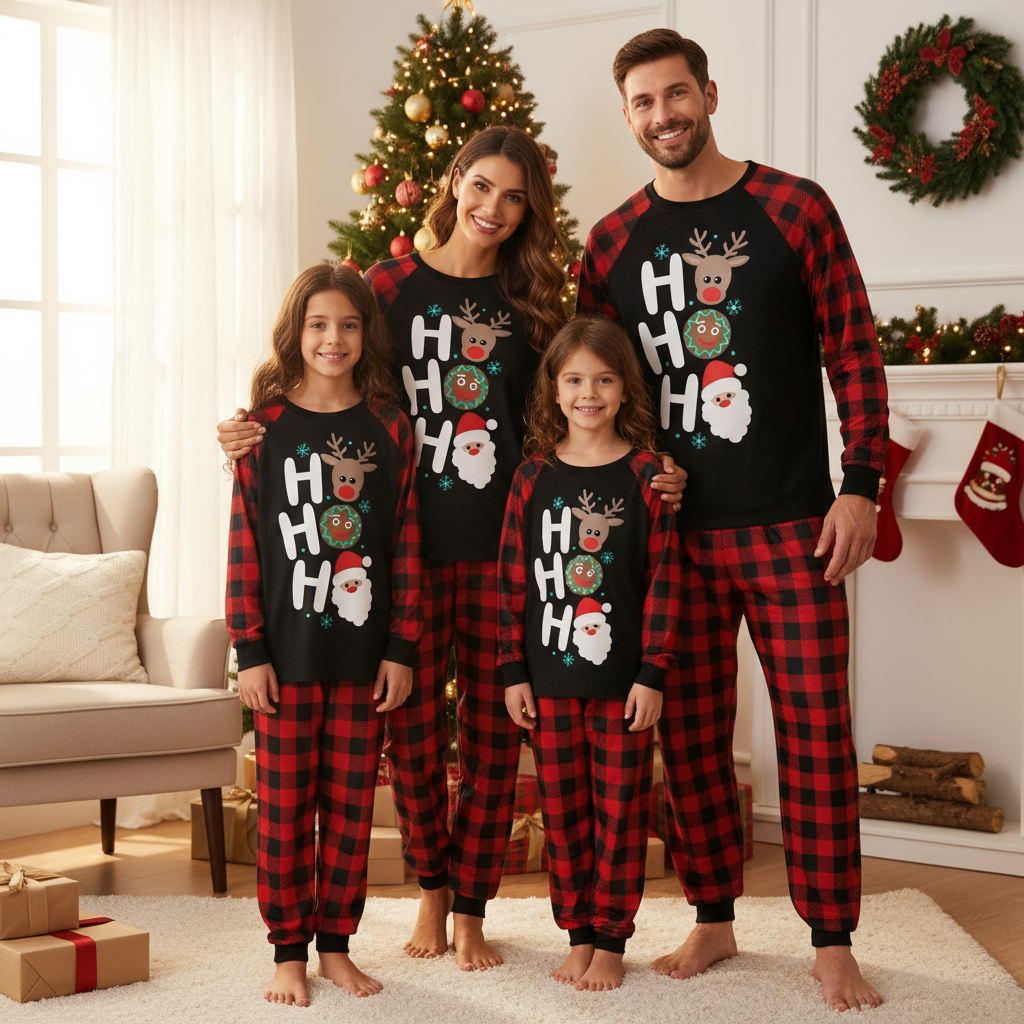 Chic und Stil | Christmas “Ho Ho Ho” Letters Print Santa Claus & Gingerbread & Moose Pattern Contrast Black Top and Black & Red Checked Pants Family Matching Pajama Set with Dog Bandana