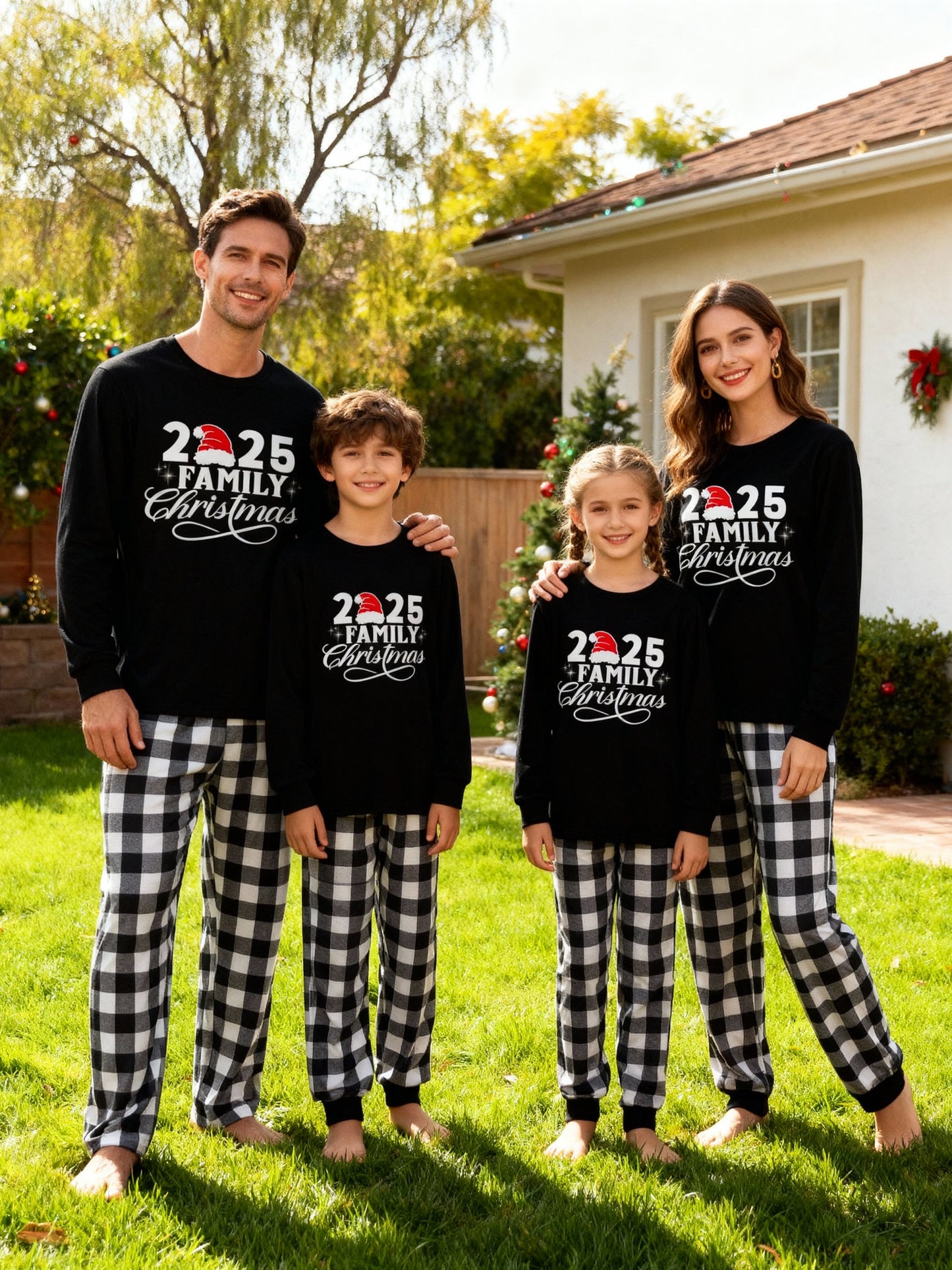 Chic und Stil | "2025 Family Christmas" Letter Print Black Long Sleeve Shirt with Black and White Checkered Pants Family Matching Pajamas