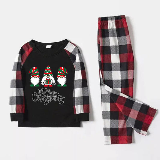 Chic und Stil | Merry Christmas Sweet Gnome Print Casual Long Sleeve Sweatshirts Contrast Tops and Red & Black & White Checked Pants Matching Family Pajama Set with Dog Bandana