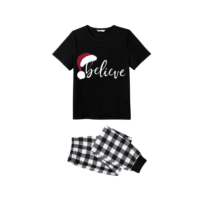 Chic und Stil | Faith Couple Christmas Pajama Set - Black Top Black and White Checkered Pants White Text Graphic