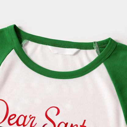 Chic und Stil | Dear Santa Claus You are the Disobedient's Letter Print Casual Long Sleeve Sweater Green Contrast Top and Black-Green Checkered Pants Matching Long Sleeve Raglan Family Pajama Sets with Dog Bandana