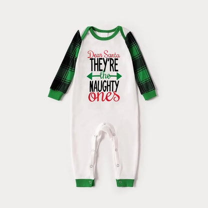 Chic und Stil | Dear Santa Claus You are the Disobedient's Letter Print Casual Long Sleeve Sweater Green Contrast Top and Black-Green Checkered Pants Matching Long Sleeve Raglan Family Pajama Sets with Dog Bandana
