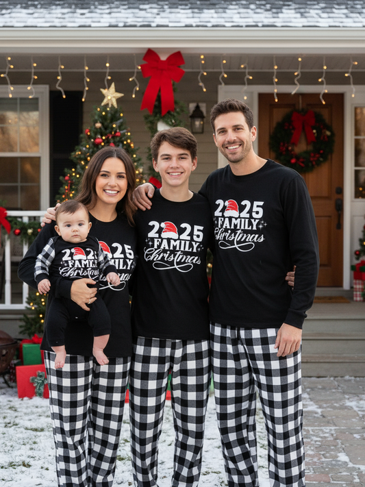 Chic und Stil | "2025 Family Christmas" Letter Print Black Long Sleeve Shirt with Black and White Checkered Pants Family Matching Pajamas