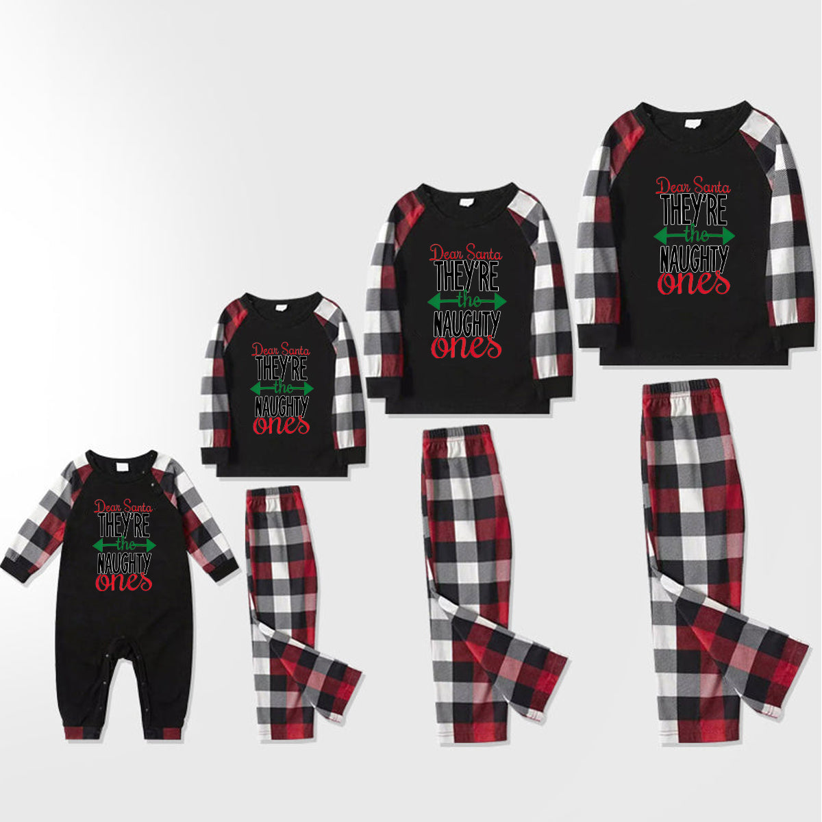 Chic und Stil | Dear Santa You are the naughty' Long sleeve printed sweatshirts Casual tops and Red & black & white plaid pants Family matching pajama set with dog bandana