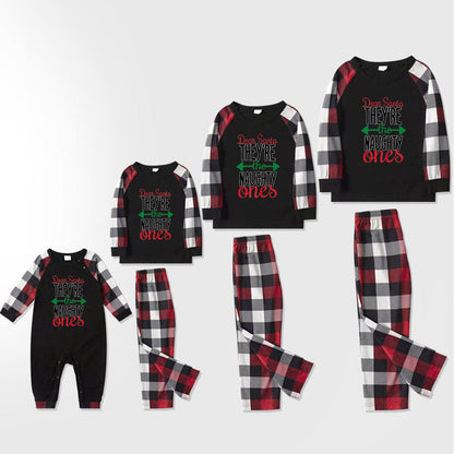 Chic und Stil | Dear Santa You are the naughty' Long sleeve printed sweatshirts Casual tops and Red & black & white plaid pants Family matching pajama set with dog bandana