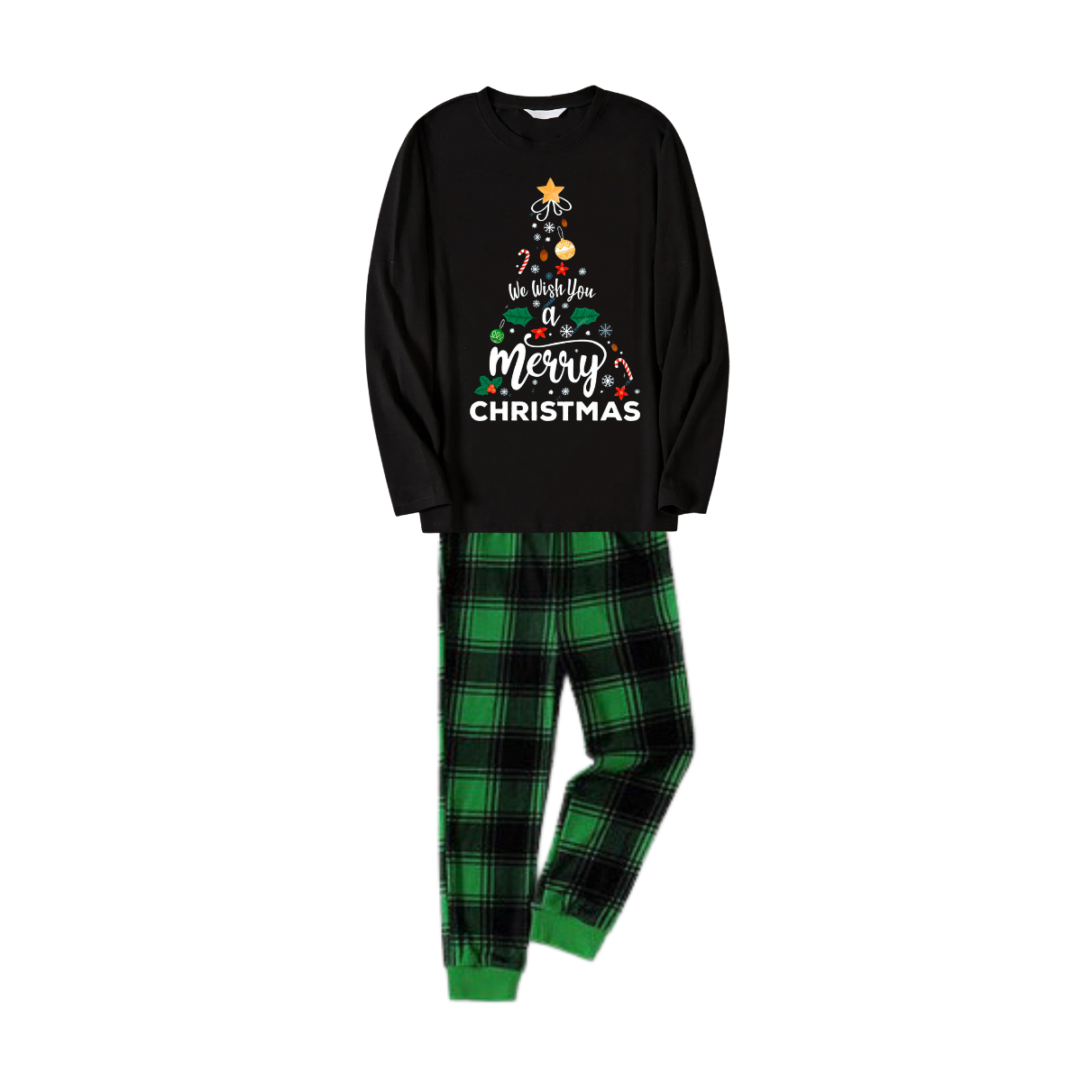 Chic und Stil | "We wish you a Merry Christmas" Printed Pattern Black Long Sleeve Top with Black and Green Checked Pants Pair Matching Pyjamas