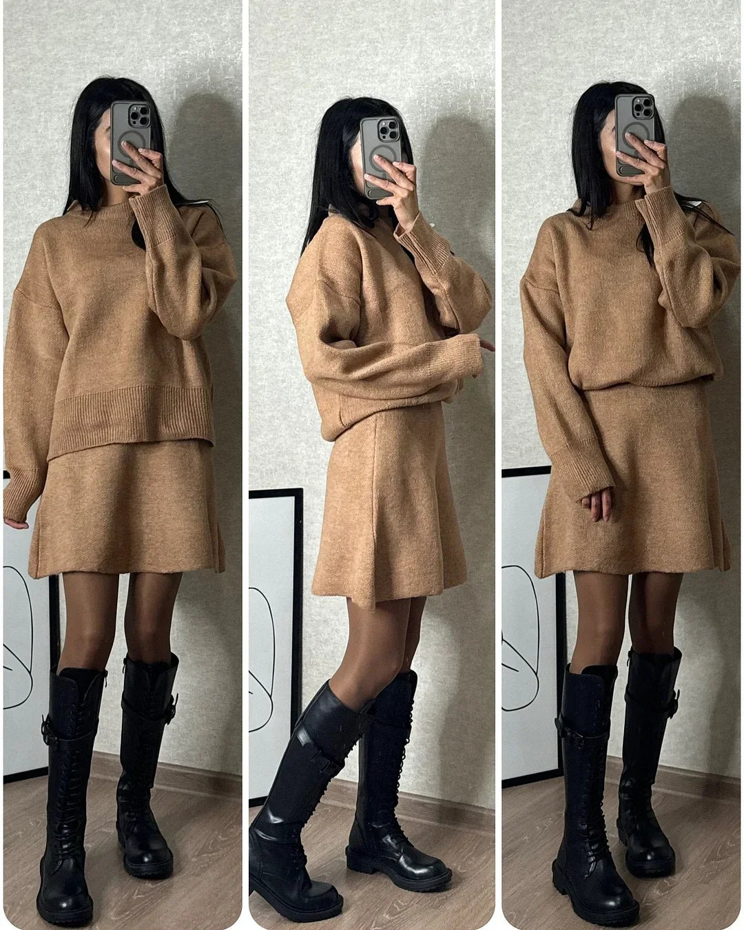 Chic und Stil | Ensemble en tricot - Pull surdimensionné & Mini-jupe - Tenue d'automne