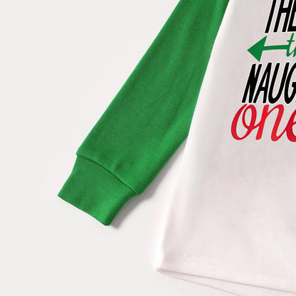 Chic und Stil | Dear Santa Claus You are the Disobedient's Letter Print Casual Long Sleeve Sweater Green Contrast Top and Black-Green Checkered Pants Matching Long Sleeve Raglan Family Pajama Sets with Dog Bandana