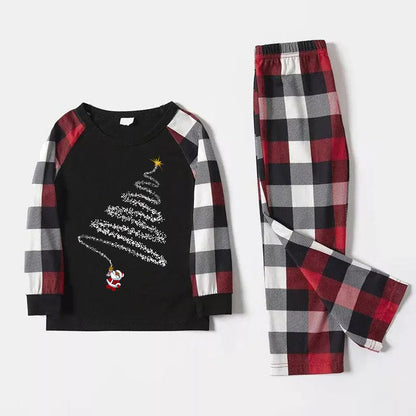 Chic und Stil | Santa Claus print pattern casual long sleeve sweatshirts contrast tops and red & black & white checked pants family matching pajama set with pet bandana