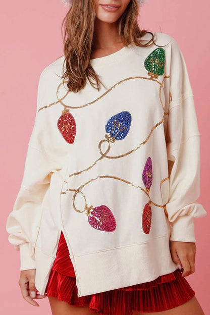 Chic und Stil | Christmas Lights Sequin Slit Pullover Sweatshirt