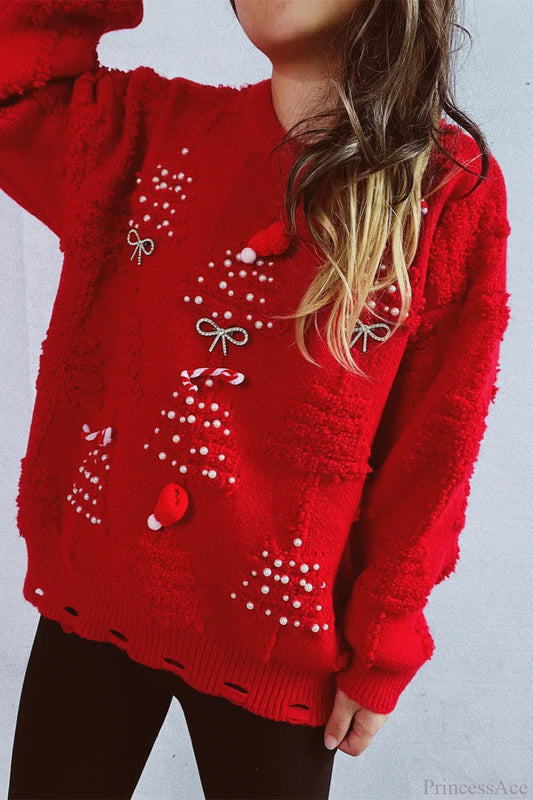 Chic und Stil | Christmas 3D Tree Pearl Solid Flocked Pullover