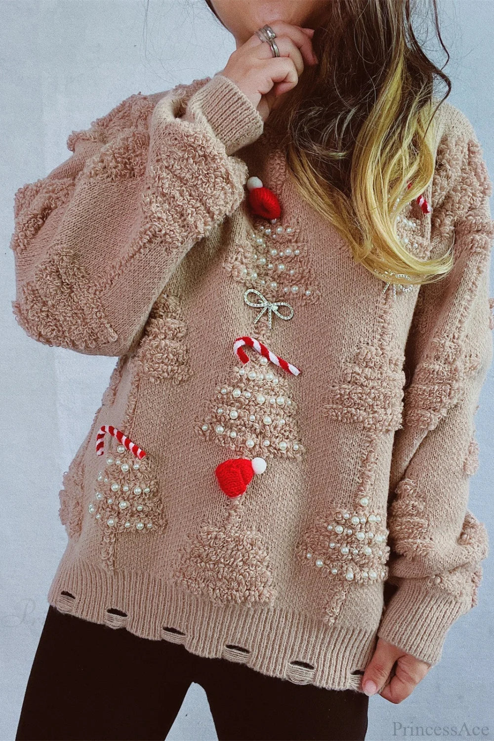 Chic und Stil | Christmas 3D Tree Pearl Solid Flocked Pullover