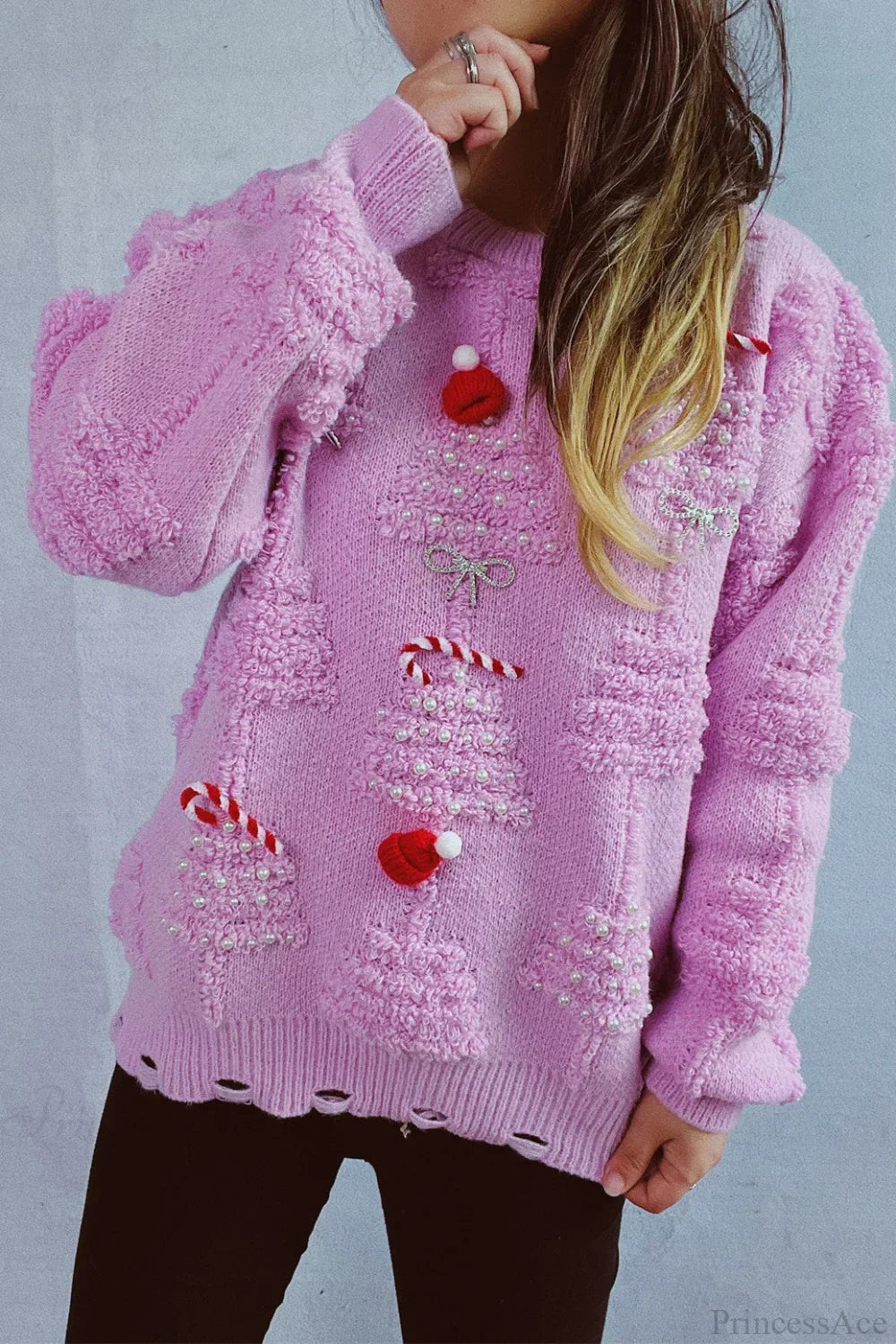Chic und Stil | Christmas 3D Tree Pearl Solid Flocked Pullover