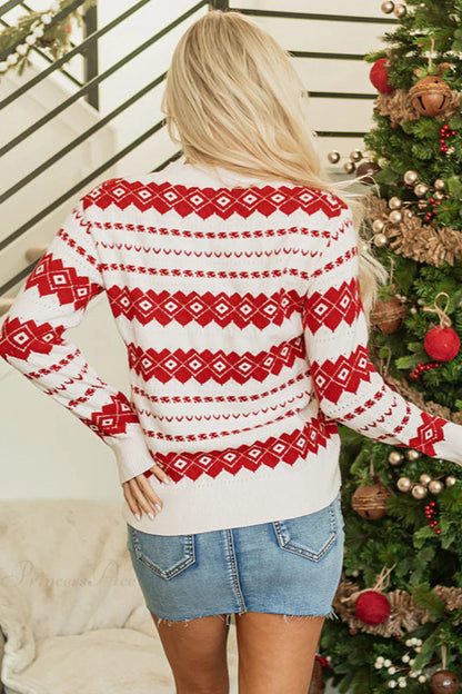 Chic und Stil | Christmas Geometric Print Color Block Knit Round Neck Pullover Sweater