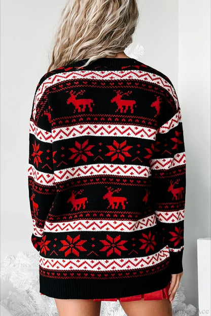 Chic und Stil | Christmas Reindeer Jacquard Folk Contrast Loose Pullover