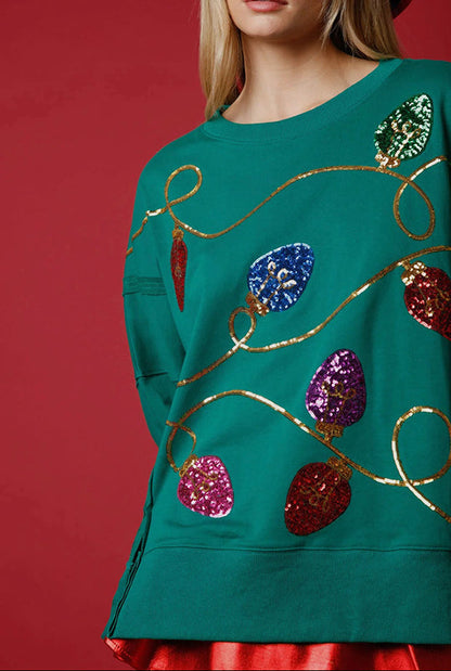 Chic und Stil | Christmas Lights Sequin Slit Pullover Sweatshirt