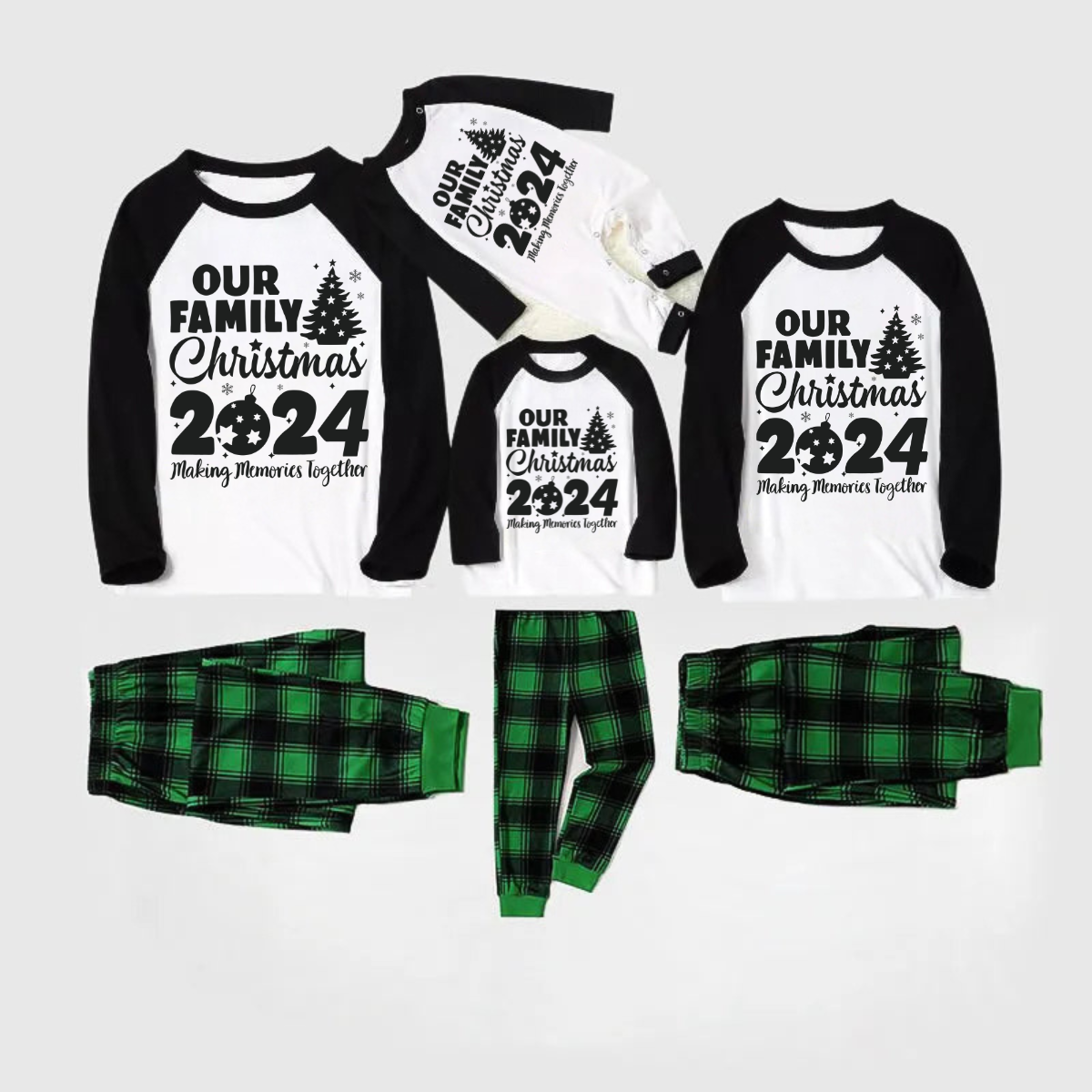 Chic und Stil | Christmas Tree & "Create memories together 2024" Black sleeve tops with contrast patterns and pajama sets with black and green plaid pants for family gatherings with dog bandana