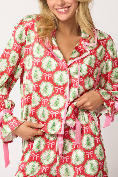 Chic und Stil | Christmas Printed Velvet Lacing Long Sleeve Bag Top and Elastic Waist Pants Set