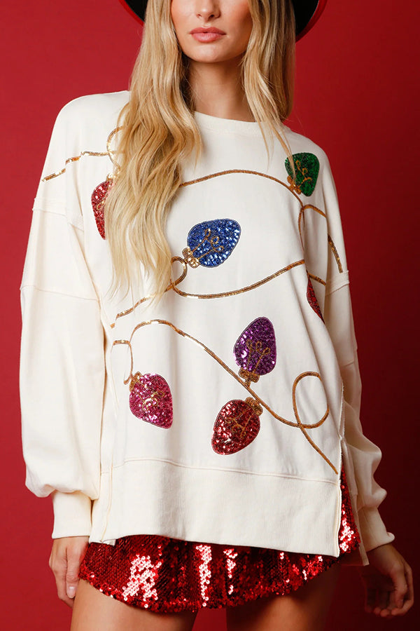 Chic und Stil | Christmas Lights Sequin Slit Pullover Sweatshirt