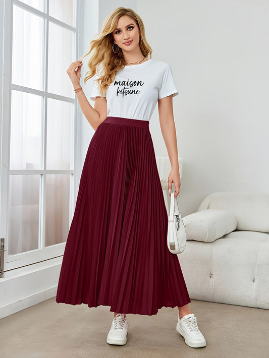 Chic und Stil | Solid Color Pleated Midi Skirt with Elastic Waistband