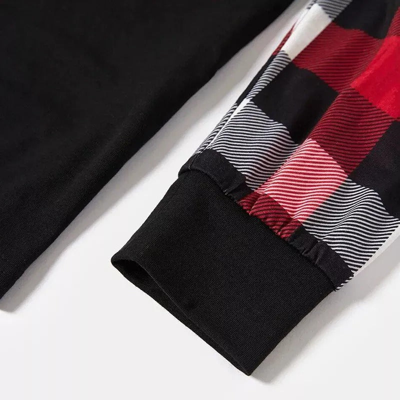 Chic und Stil | Santa Claus print pattern casual long sleeve sweatshirts contrast tops and red & black & white checked pants family matching pajama set with pet bandana