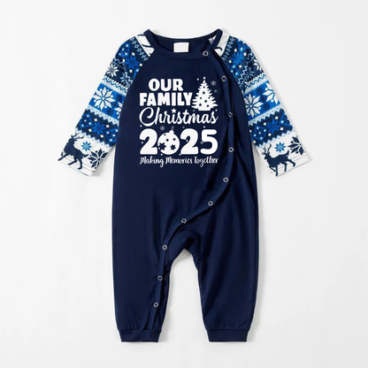 Chic und Stil | Our Family Christmas 2025 Creating Memories Together' Letter Print Long Sleeve Blue With Pants Blue Flowers Coordinated Family Pajama Sets