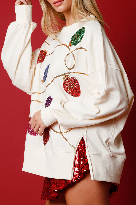 Chic und Stil | Christmas Lights Sequin Slit Pullover Sweatshirt