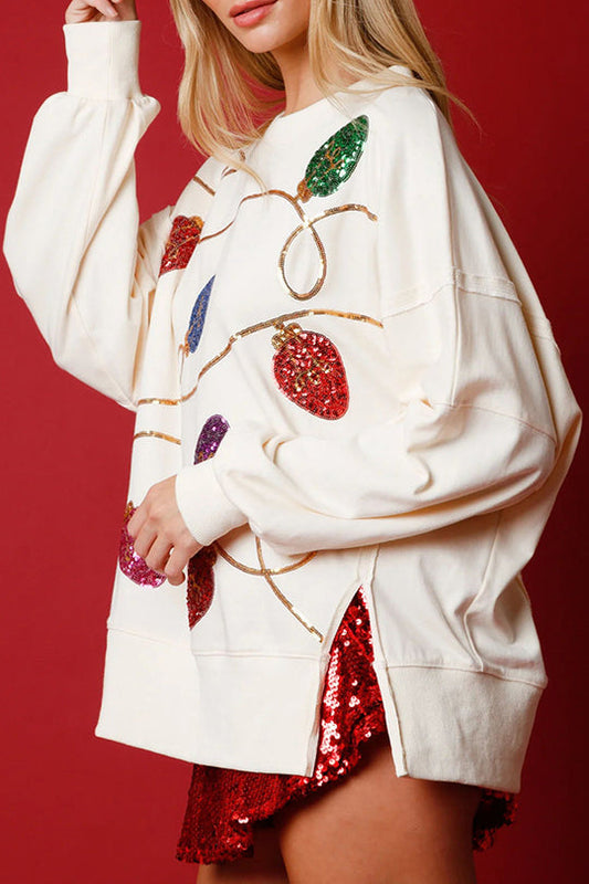 Chic und Stil | Christmas Lights Sequin Slit Pullover Sweatshirt