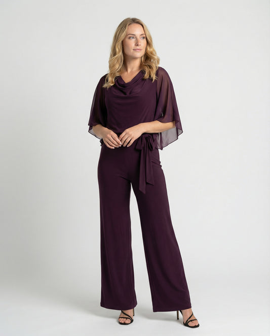 Women’s Wide-Leg Jumpsuit with Cascading Neckline & Lace-Up Waist | Chic und Stil
