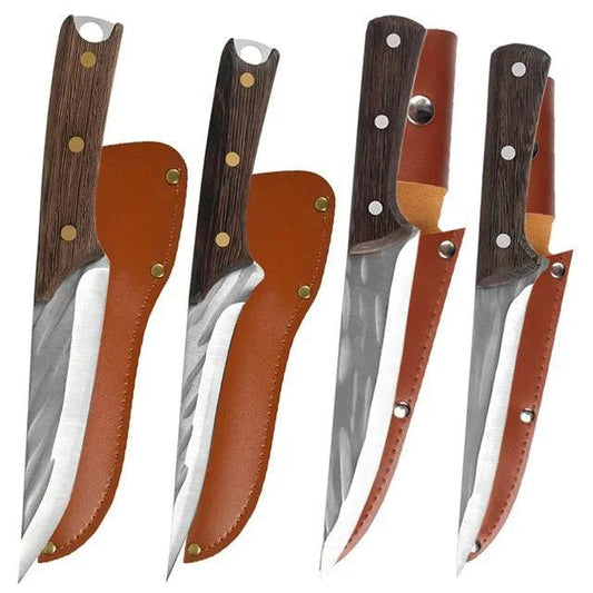 Couteau à désosser Forgé à la Main Couteau de Chef Couteau de Boucher avec Étui en Cuir, 4 Pièces - ChicUndStil