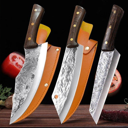 Ensemble de Couteaux de Boucher Forgés à la Main avec Étui en Cuir - ChicUndStil