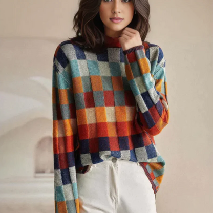 Chic und Stil | Women’s Knit Sweater with Check Pattern and Crew Neck