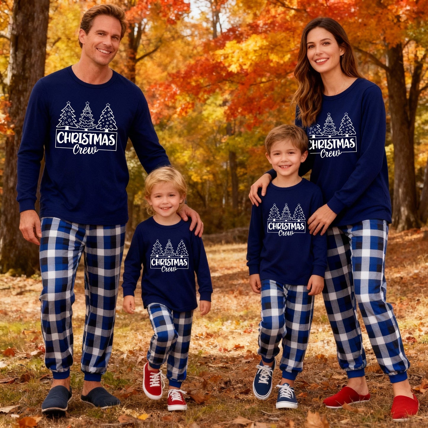 Chic und Stil | "Christmas Crew" and Trees Blue Long Sleeve with Blue & White & Black Checked Pants Family Matching Pajamas
