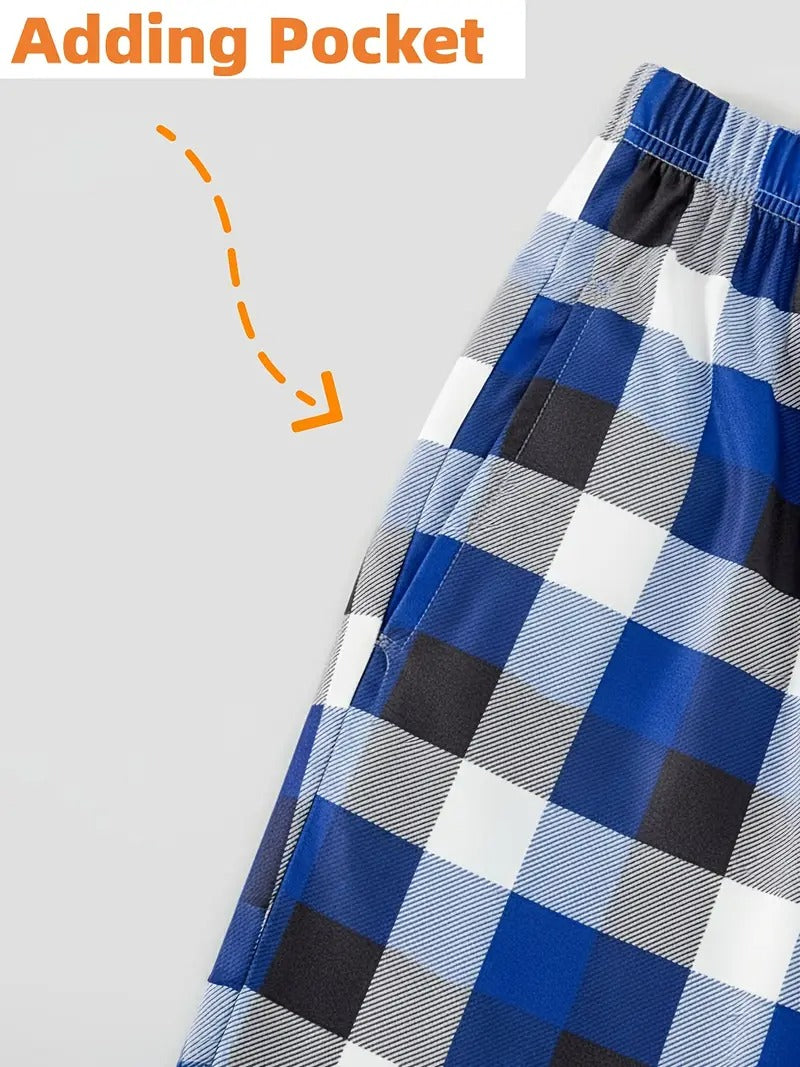 Chic und Stil | "Christmas With My Tribe" Pattern Blue Long Sleeve Shirt with Blue-White-Black Checked Pants Family Matching Pajamas