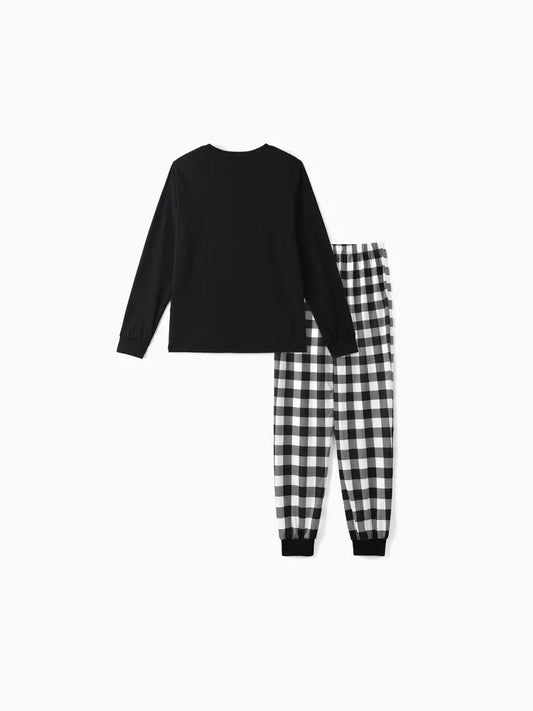 Chic und Stil | "Family Christmas 2025" Text and Deer Print Black Long Sleeve Top with Black and White Checked Pants Family Matching Pajamas
