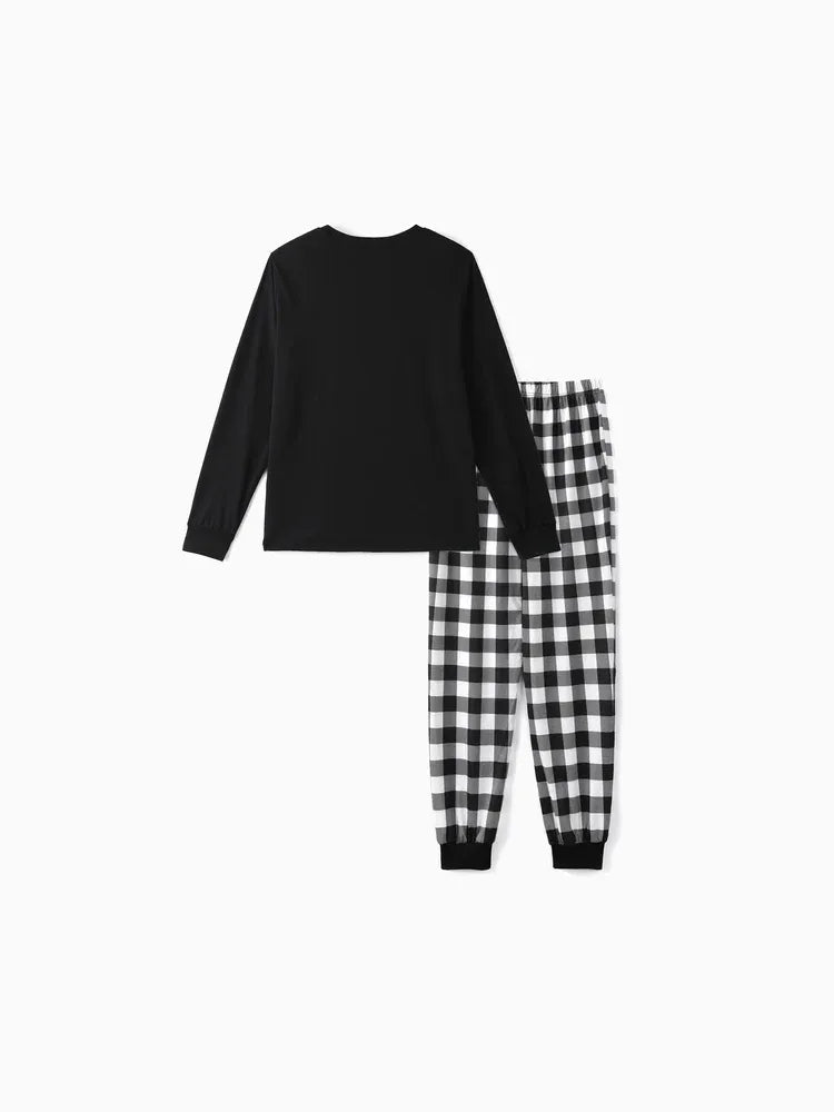 Chic und Stil | "We are Family2025" Santa Hat Monogram Print Black Long Sleeve Shirt with Black and White Checkered Pants Family Matching Pajamas