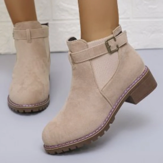 Chic und Stil | Ankle Boots - Suede Texture - Buckle Strap - Elastic Panel - Rubber Sole