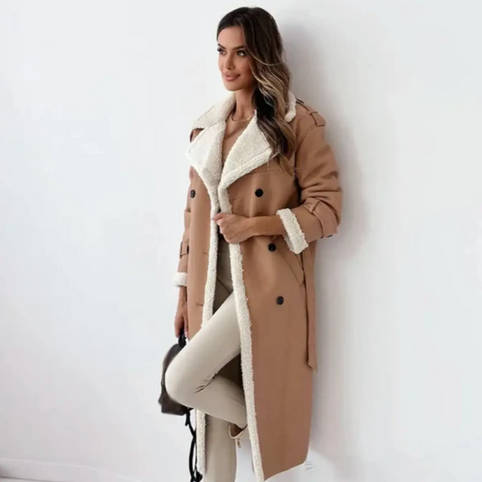 Chic und Stil | Long Shearling Lined Trench Coat Stylish Double-Breasted Winter Coat
