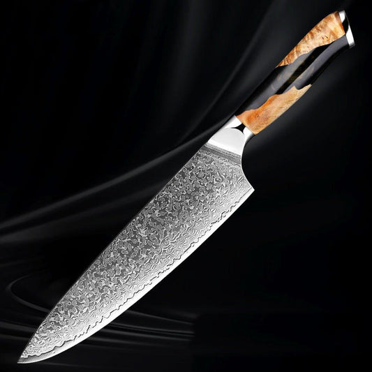 Couteau de Chef Japonais en Acier Damas de 8 Pouces avec Poignée en Bois Stabilisé Résine - ChicUndStil