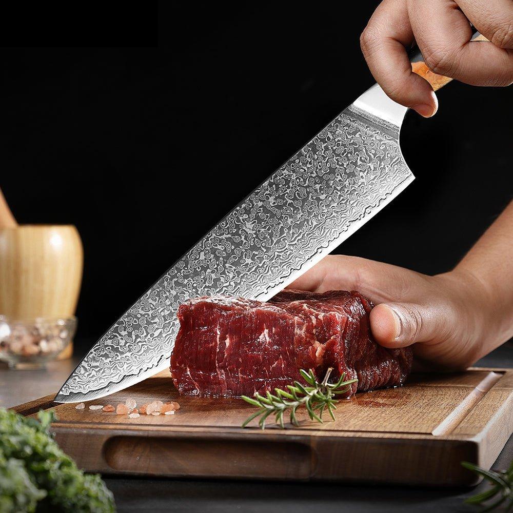 Couteau de Chef Japonais en Acier Damas de 8 Pouces avec Poignée en Bois Stabilisé Résine - ChicUndStil