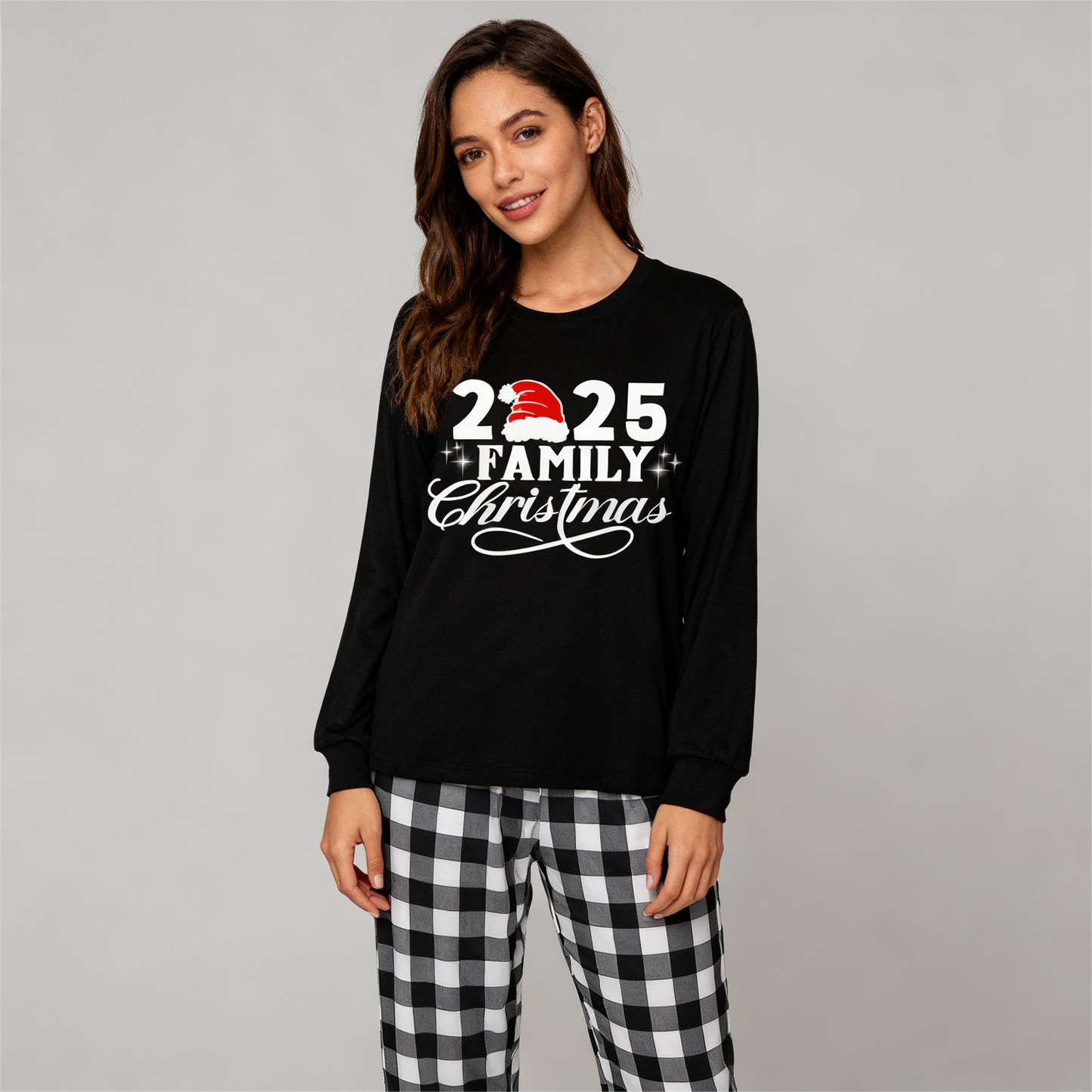 Chic und Stil | "2025 Family Christmas" Letter Print Black Long Sleeve Shirt with Black and White Checkered Pants Family Matching Pajamas