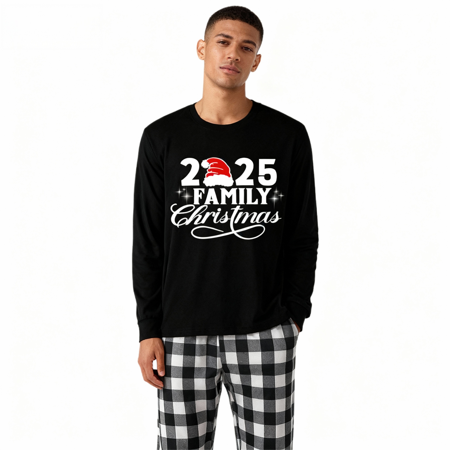 Chic und Stil | "2025 Family Christmas" Letter Print Black Long Sleeve Shirt with Black and White Checkered Pants Family Matching Pajamas