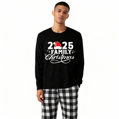 Chic und Stil | "2025 Family Christmas" Letter Print Black Long Sleeve Shirt with Black and White Checkered Pants Family Matching Pajamas