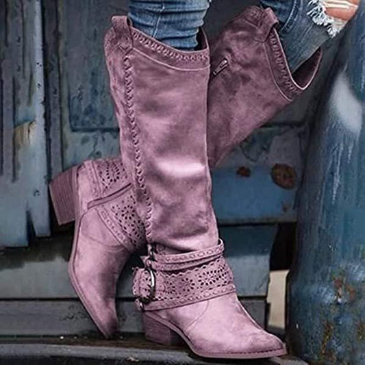 Chic und Stil | Cowboy boots - Suede texture - Pointed toe - Low heel - Stitch details