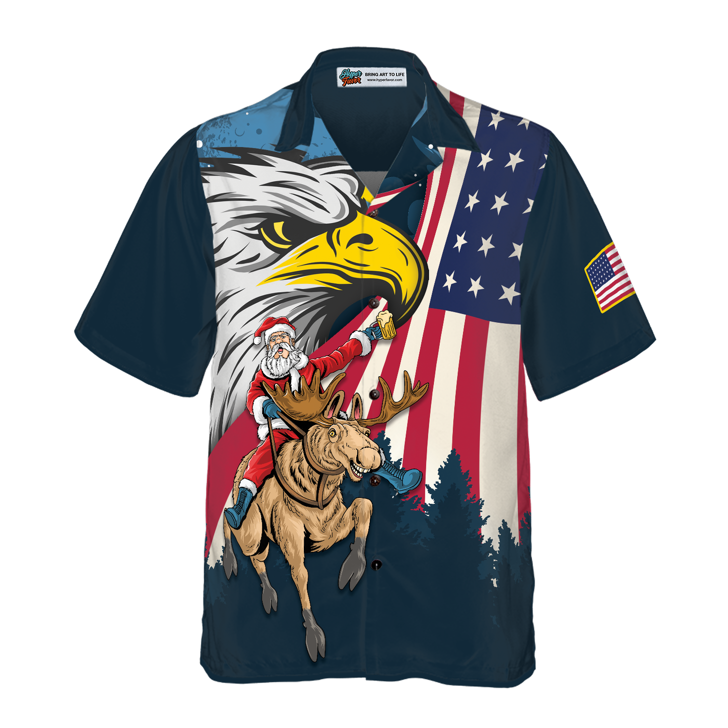 Chic und Stil | Chemises hawaïennes de Noël Hyperfavor, Santa avec drapeau américain 2 Chemise à manches courtes, idée de chemise de Noël cadeau pour hommes et femmes