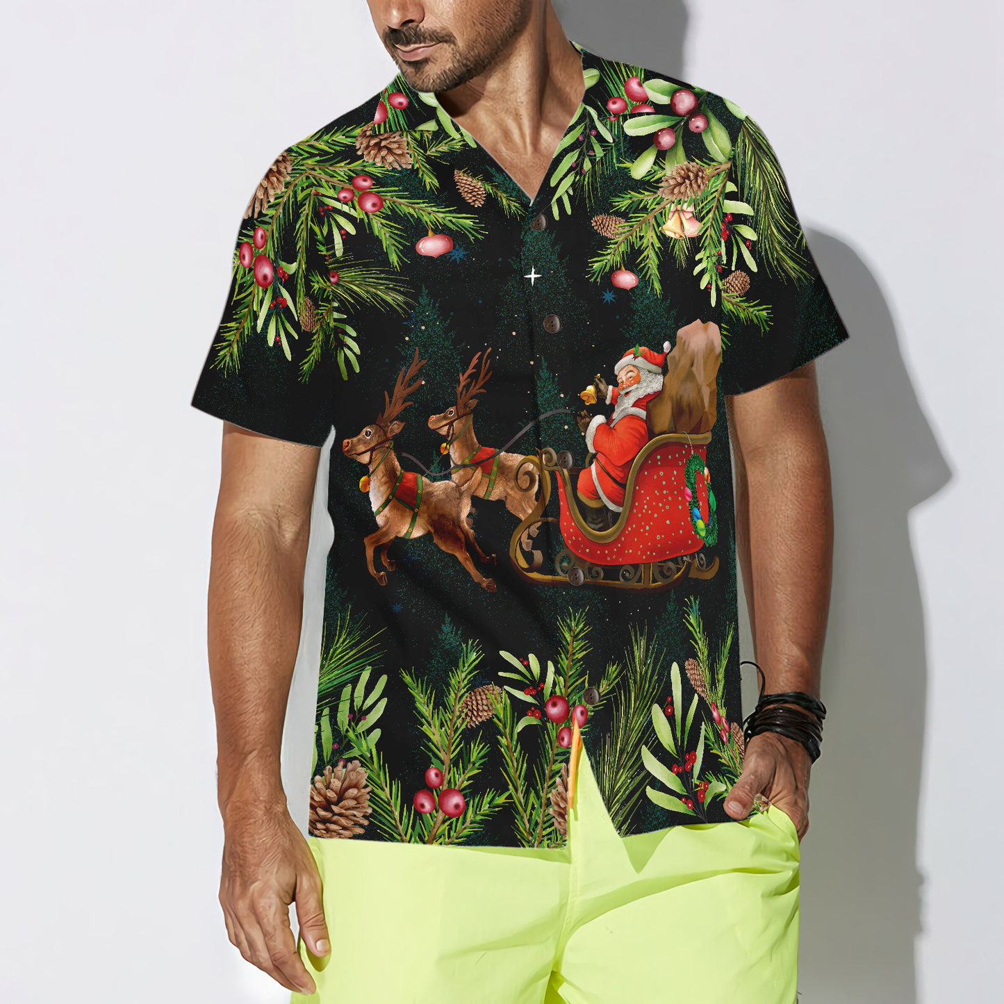 Chic und Stil | Hyperfavor Santa Santa Riding Sleigh 3 Muster Chemise hawaïenne, chemises de Noël à manches courtes chemise à boutons pour hommes et femmes