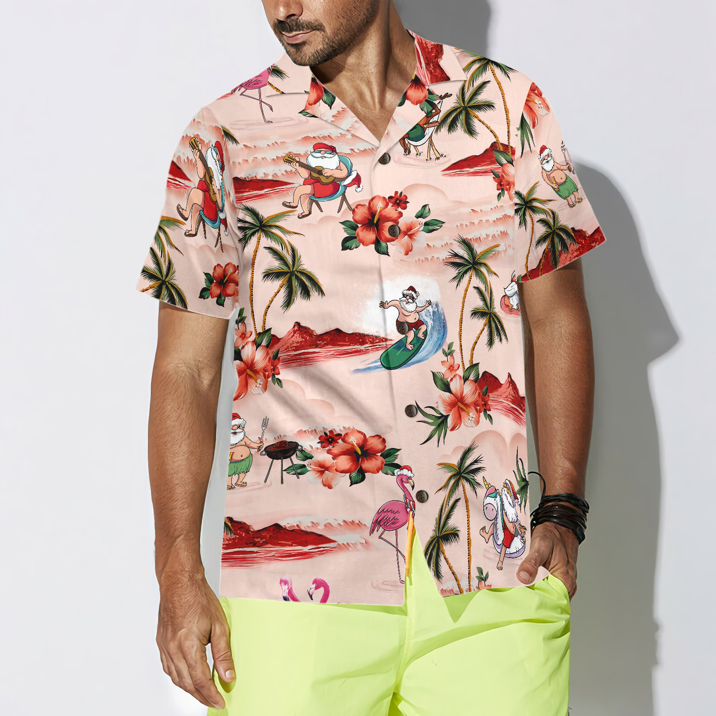 Chic und Stil | Chemises hawaïennes Hyperfavor de Noël pour hommes et femmes, chemise hawaïenne à boutons avec motif de Noël Santa à la plage à manches courtes